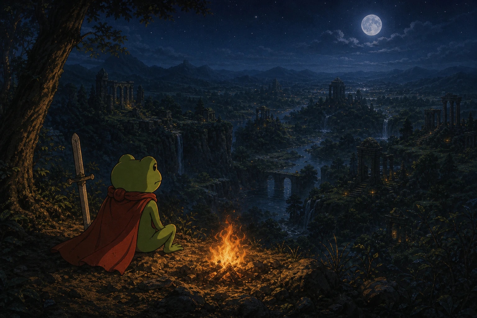 Huzzah resting by a cliff campfire overlooking moonlit ruins