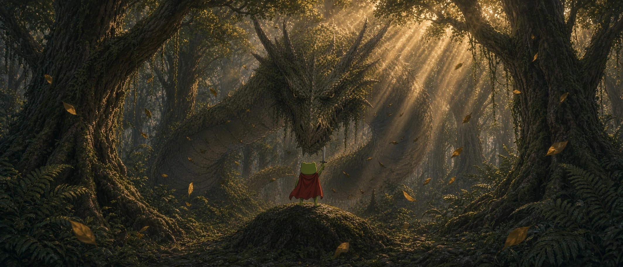 Huzzah facing a huge mossy dragon in a sunlit forest
