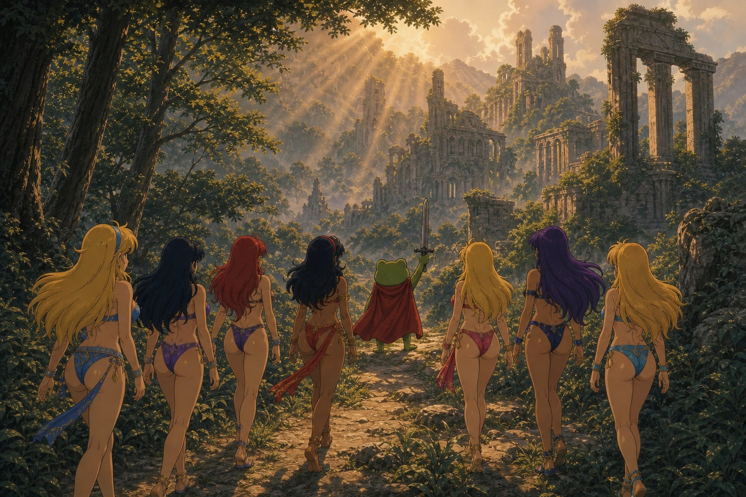 Huzzah leading a 90s anime party down a forest road toward ruins